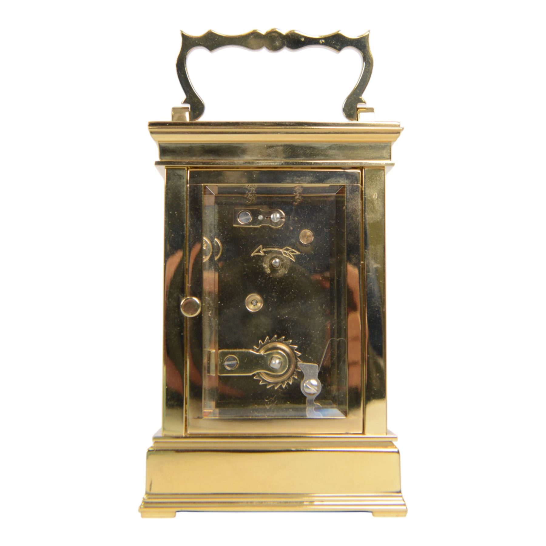 Rapport France late 20th century 8-day timepiece brass carriage clock, brass case with four bevelled glass panels, enamel dial with maker's name, Roman numerals and steel moon hands, with a jewelled lever platform escapement, movement stamped with L'Epée logo, with key.