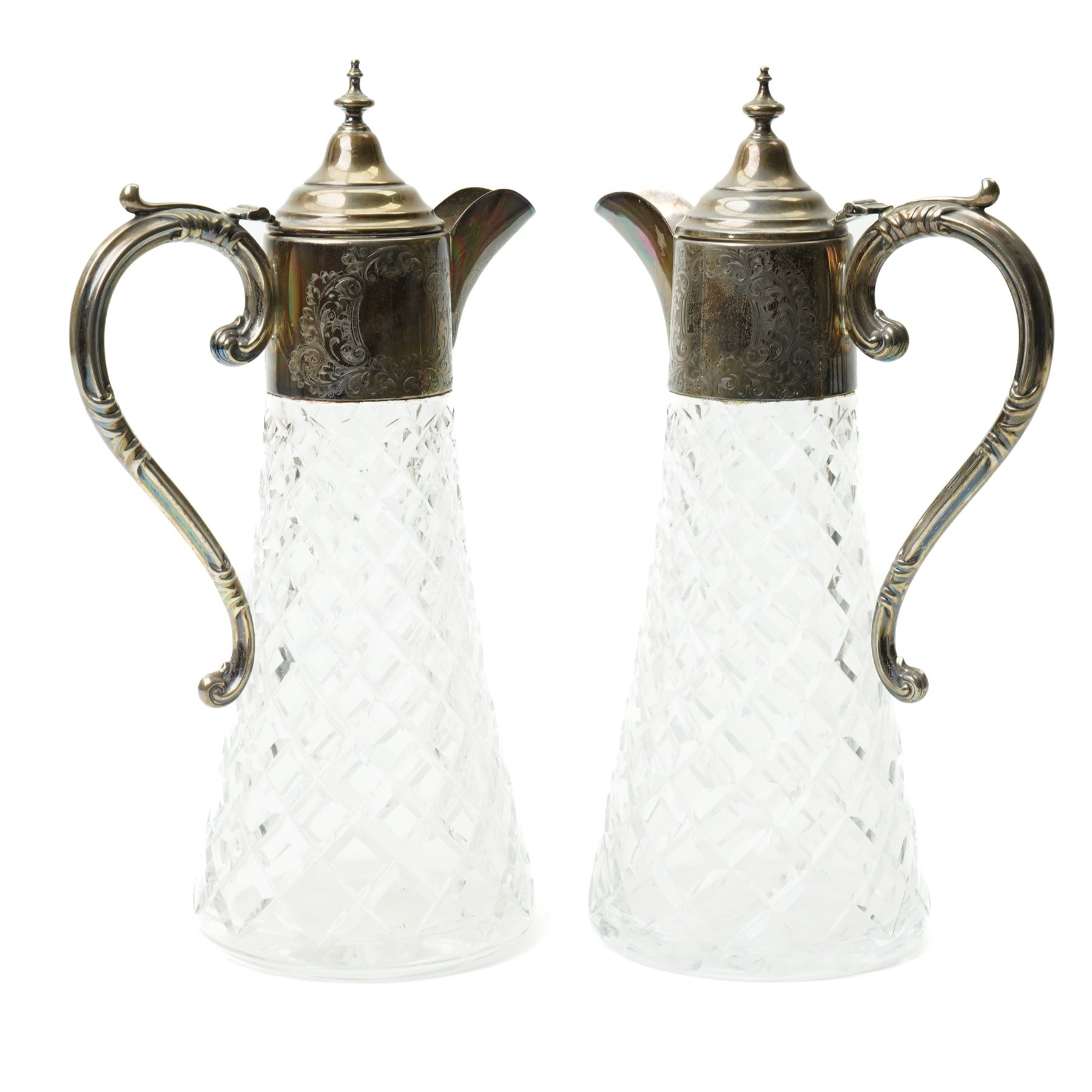 Pair of cut glass claret jugs with engraved silver mounts H32cm Birmingham 1971 Maker Charles s Green & Co Ltd