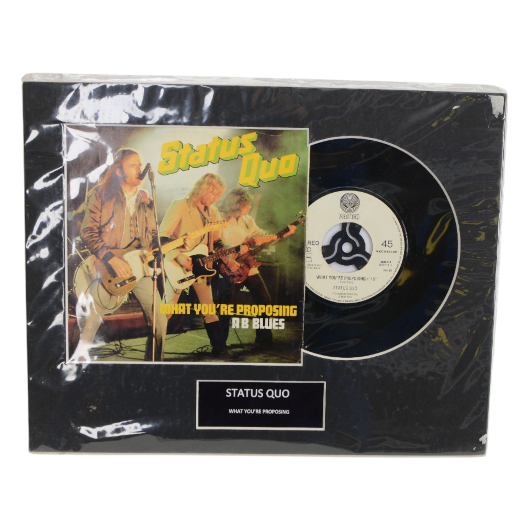 Status Quo memorabilia, including limited edition What You're Proposing AB Blues 7 inch single, supporters club magazines, tour programmes, calendar, etc 
