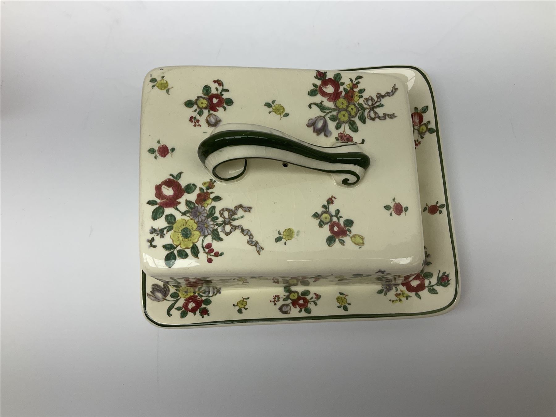 Royal Doulton part dinner service in Old Leeds Sprays pattern,  to include cheese dome, teapot and stand, egg cups etc, together with a selection of floral doilies.  