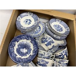 Large collection of blue and white ceramics, to include Spode Italian pattern with blue mark, Wood and Sons Yuan, pickle dish, Delft style etc, dinner plates, tea wares, bowls etc in six boxes