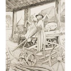 Frederick George Austin (British 1902-1990): Scarecrows and Plough in a Farmer's Barn, dry...