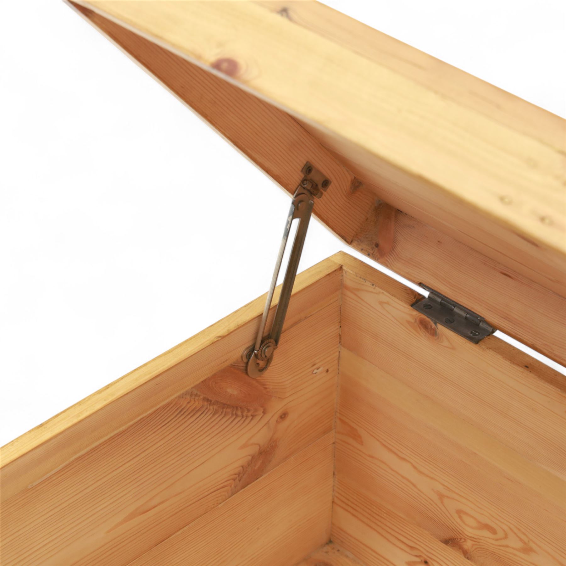 Pine storage trunk, of rectangular plank construction with metal corner protectors and stencilled lettering ‘LEB’ to front and lid