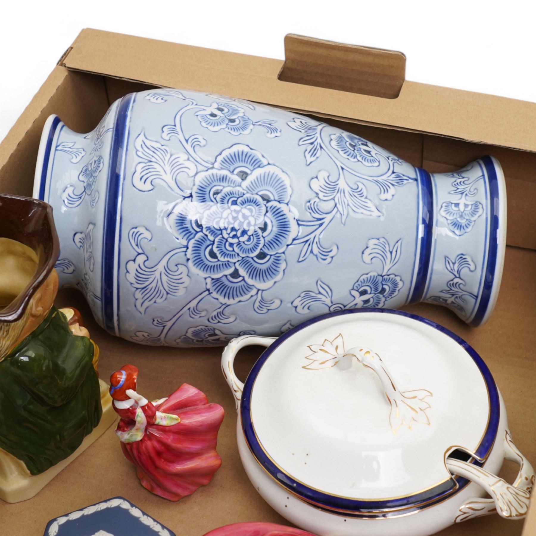 Four Royal Doulton figures, toby jug, Wedgwood trinket dish, hors d'oeuvres platter, etc
