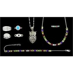 Silver stone set jewellery including multi gemstone set necklace and matching bracelet, owl pendant necklace, diamond chip rings etc, all stamped 925