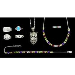  Silver stone set jewellery including multi gemstone set necklace and matching bracelet, owl pendant necklace, diamond chip rings etc, all stamped 925