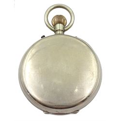 Early 20th century goliath keyless Swiss lever pocket watch by M M & Co, patent No. 10292, retailed by J. C. Vickery 'To Their Majesties 179-181-183 Regent Street', with light attachment, white enamel dial with Arabic numerals and subsidiary seconds dial, case No. 3499292, in fitted case
