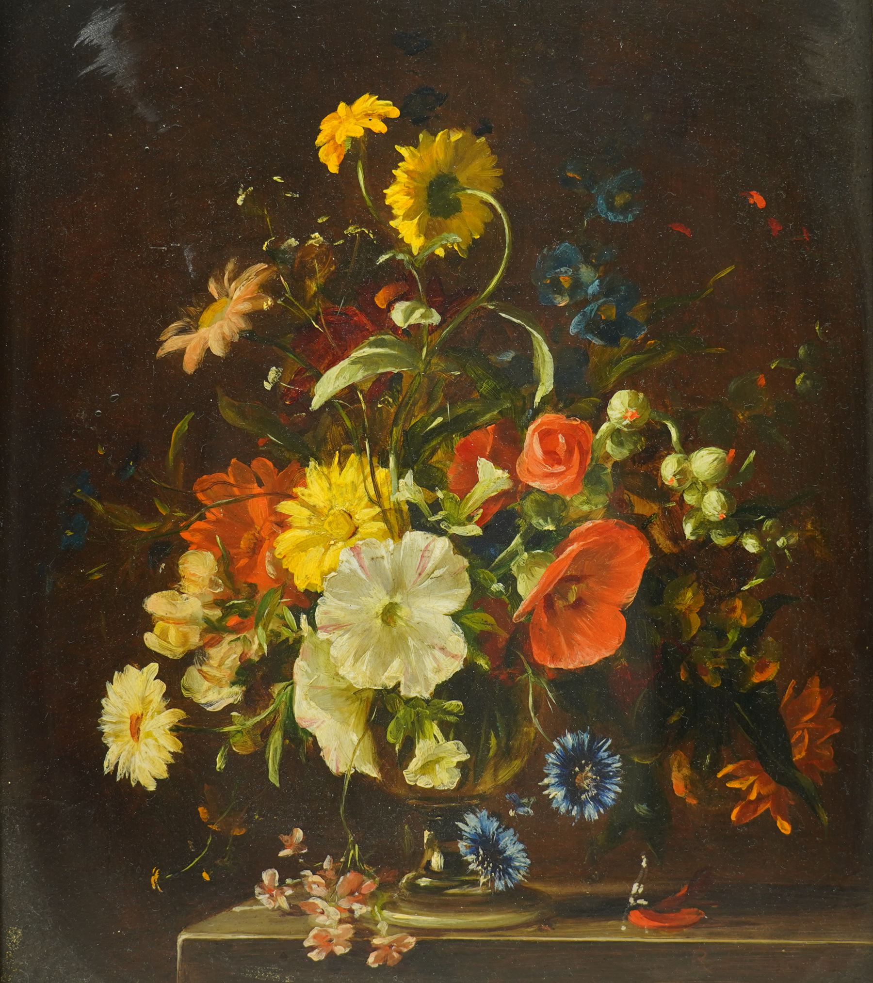 Richard Hanson AKA Stuart Scott Somerville (British 1908-1983): Still Life of Flowers in a Vase, oil on board signed, Frost & Read gallery inscription verso 45cm x 37cm