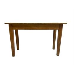 Early 20th century oak kitchen table (W122cm D53cm H77cm); and stained pine and beech stool or small coffee table