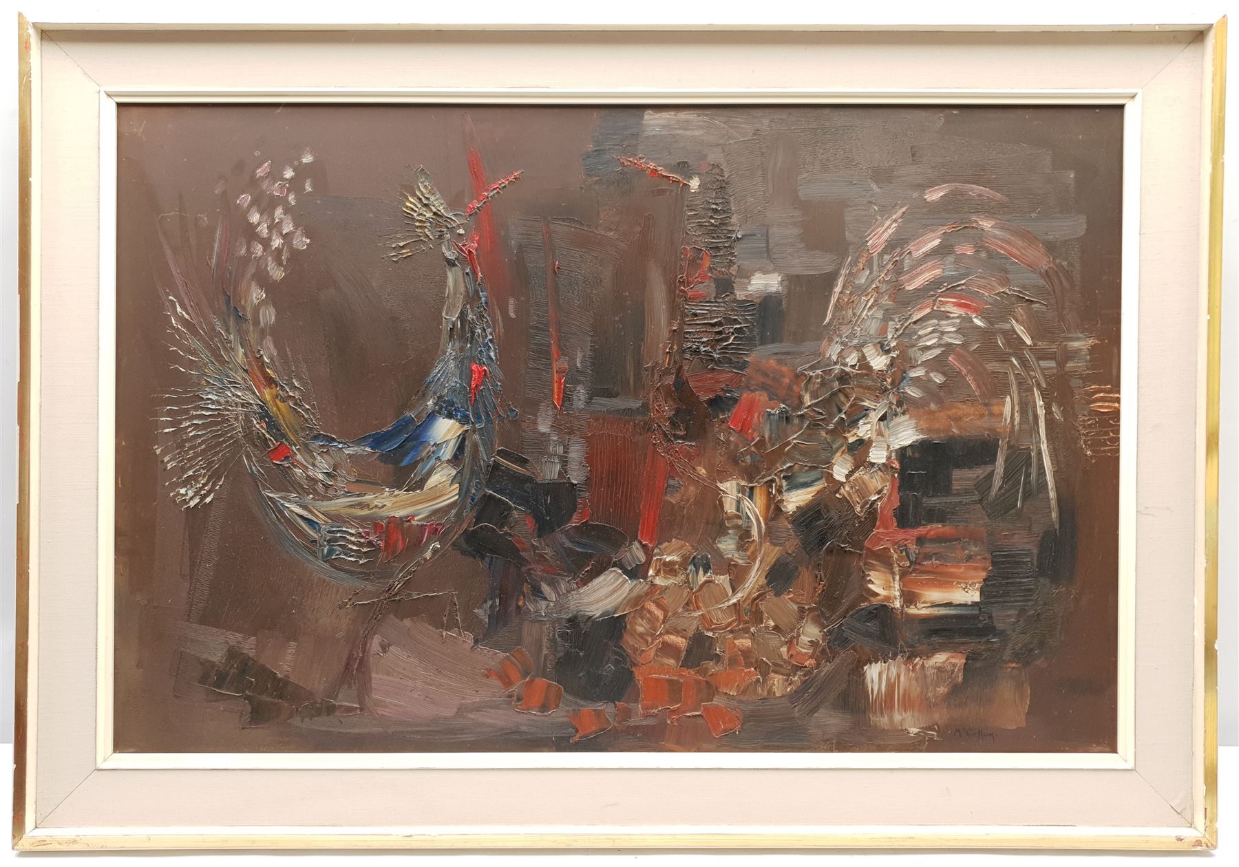 Roy McCallum (British 20th century): 'Vanity' - Abstract Roosters, impasto oil on board signed, titled and signed verso 51cm x 79cm