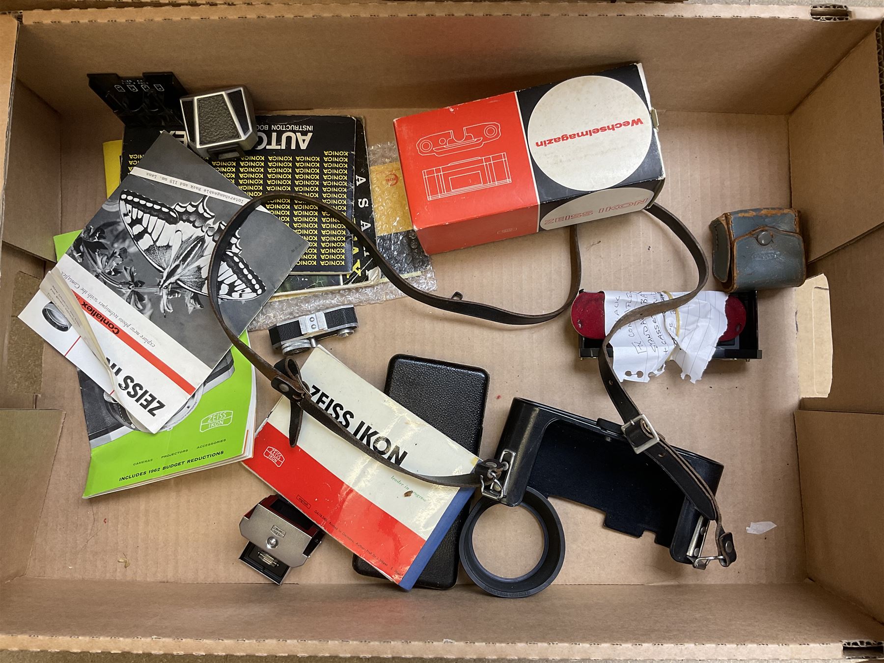 Four Zeiss Ikon camera bodies, to include, Contaflex Super B camera body, serial no. B31591, with 'Carl Zeiss Tessar 2.8/50 lens, serial no.3425553, Contaflex Super BC camera body, serial no. P81728, with 'Carl Zeiss Tessar 2.8/50' lens, serial no 4822280, etc, together with three cased lenses; 'Carl Zeiss Pro-Tessar 1:4 f=115mm' lens, serial no 3734740, 'Carl Zeiss Pr-Tessar 1:3.2 f=85mm' lens, serial no. 3647764 and 'Carl Zeiss Pr-Tessar 1:3.2 f=35mm' lens, and other Zeiss Ikon equipment 