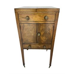 Georgian mahogany washstand cabinet, the double hinged lid opens to reveal wash basin and lift up tilting mirror, false drawer over double cupboard and drawer, on square supports with brass cups and castors