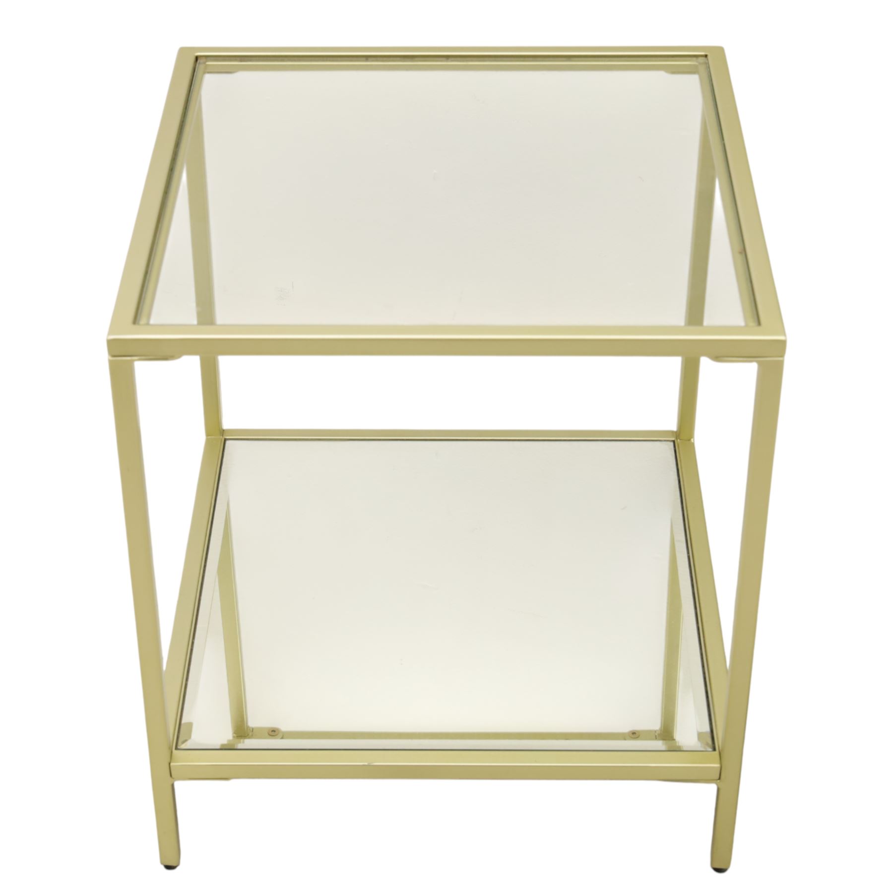 Modern pair of brass finish and glass bedside stands, each of square form with clear glass top, glazed sides and mirrored under tier, enclosed by a square section brass finish metal frame, raised on short square supports