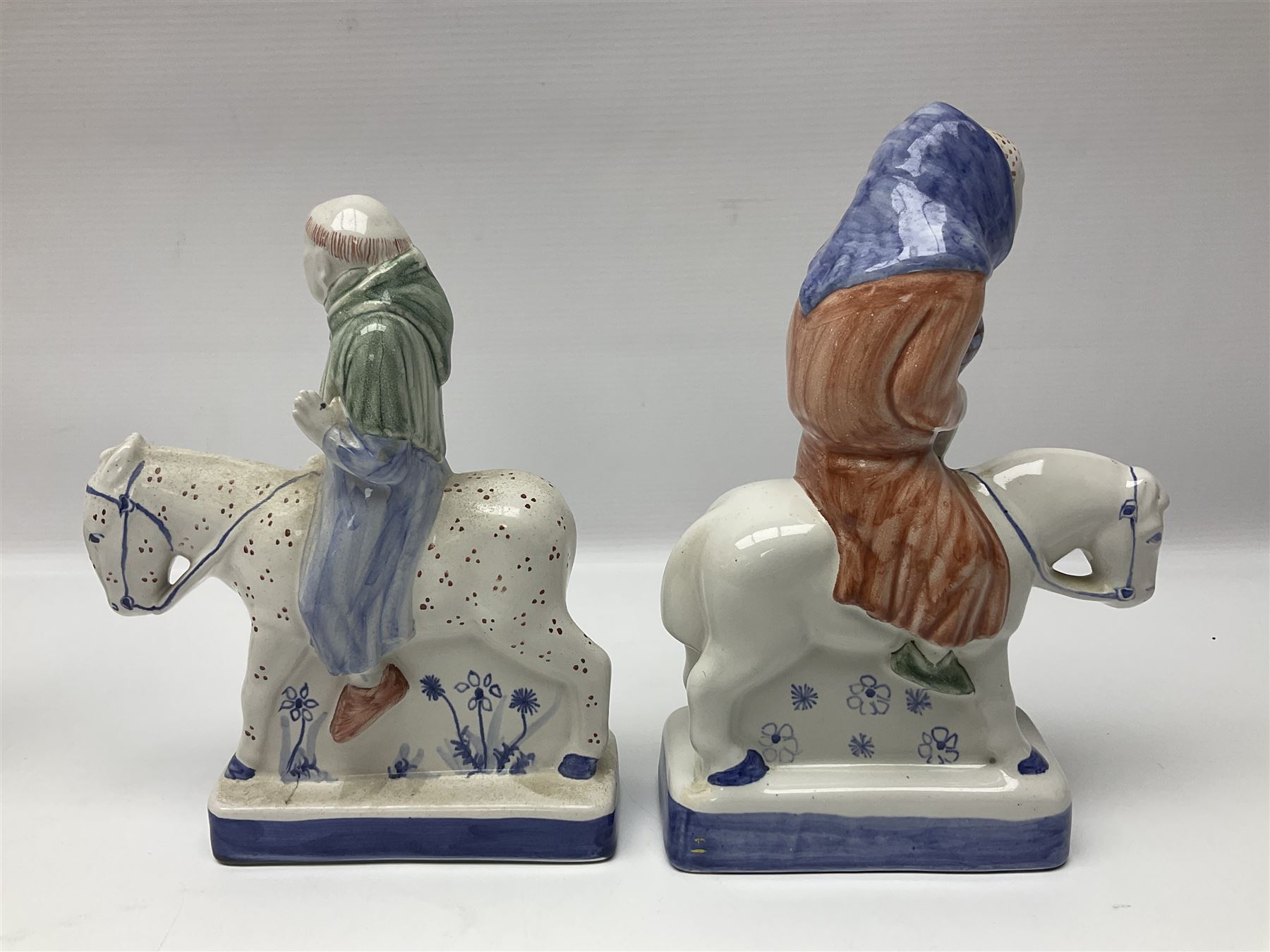 Three Rye Pottery Canterbury Tales figures, comprising The Miller, The Monk and The Franklin, together with a Canterbury Tale tile The Knight, tallest H24cm