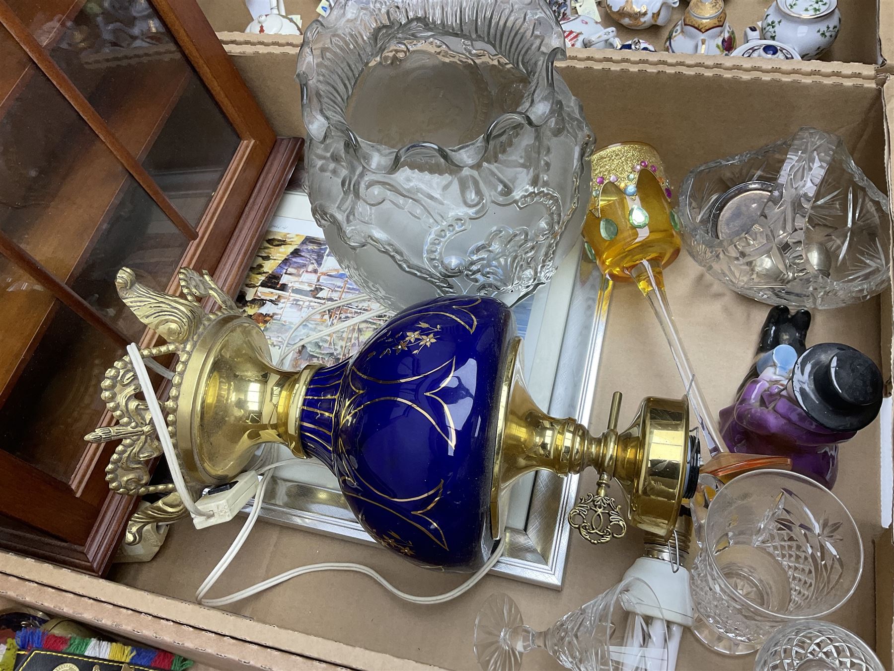 Twenty seven Porcelain Art miniature teapots, with wooden display together with a collection of other ceramics and glassware etc, including Goebel Hummel collectors plates, in three boxes,