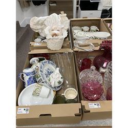 Large collection of items, comprising Portmeirion 'Summer Strawberries' and 'The Botanic Garden', Cranberry glass vase and drinkware, copper tea kettle, and others, in six boxes