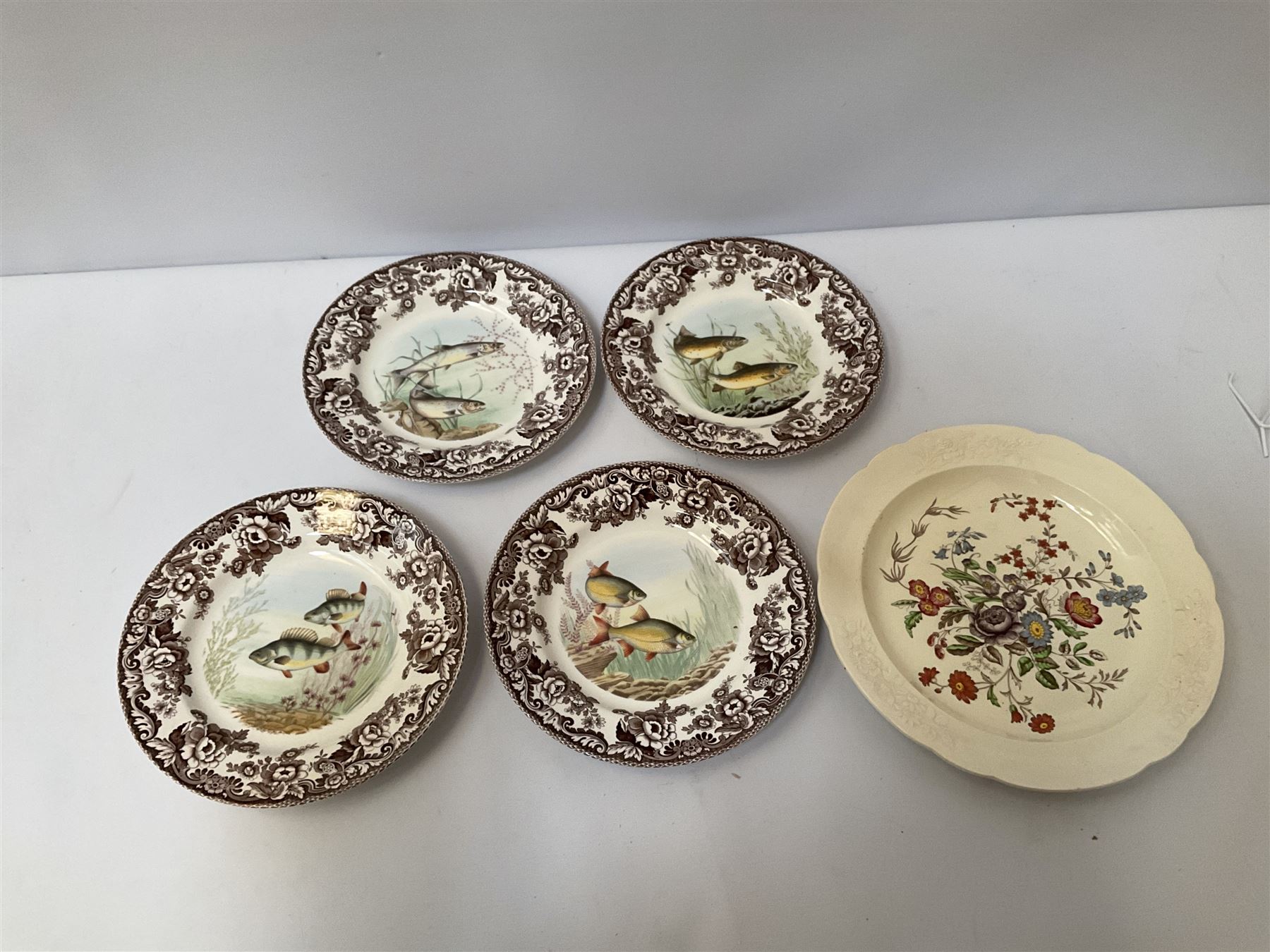 Set of four Spode Woodland Stream plates comprising Perch, Rudd, Trout and Salmon, Copeland Spode Royal Jasmine plate, and set of six Mason’s Game Birds plates