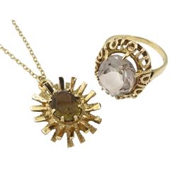 Gold single stone quartz ring with pierced design surround and gold smoky quartz pendant necklace, both hallmarked 9ct