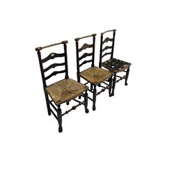 Set three elm country dining chairs, waived ladder back with rush seats