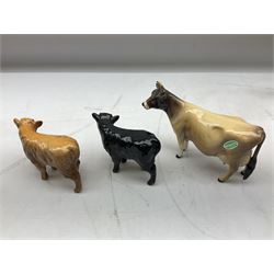 Seven Beswick cow figures, to include Friesian bull Ch. ''Coddington Hilt Bar'' no. 1439a, Friesian cow Ch. 'Claybury Leegwater' no. 1362a and Friesian calf no. 1249C, Aberdeen Angus calf 1827a, Jersey cow no. 1345 etc, all with printed mark beneath  