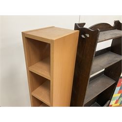 Stained wood bookcase with magazine rack beneath, together with CD shelf unit and fire screen, largest H106cm