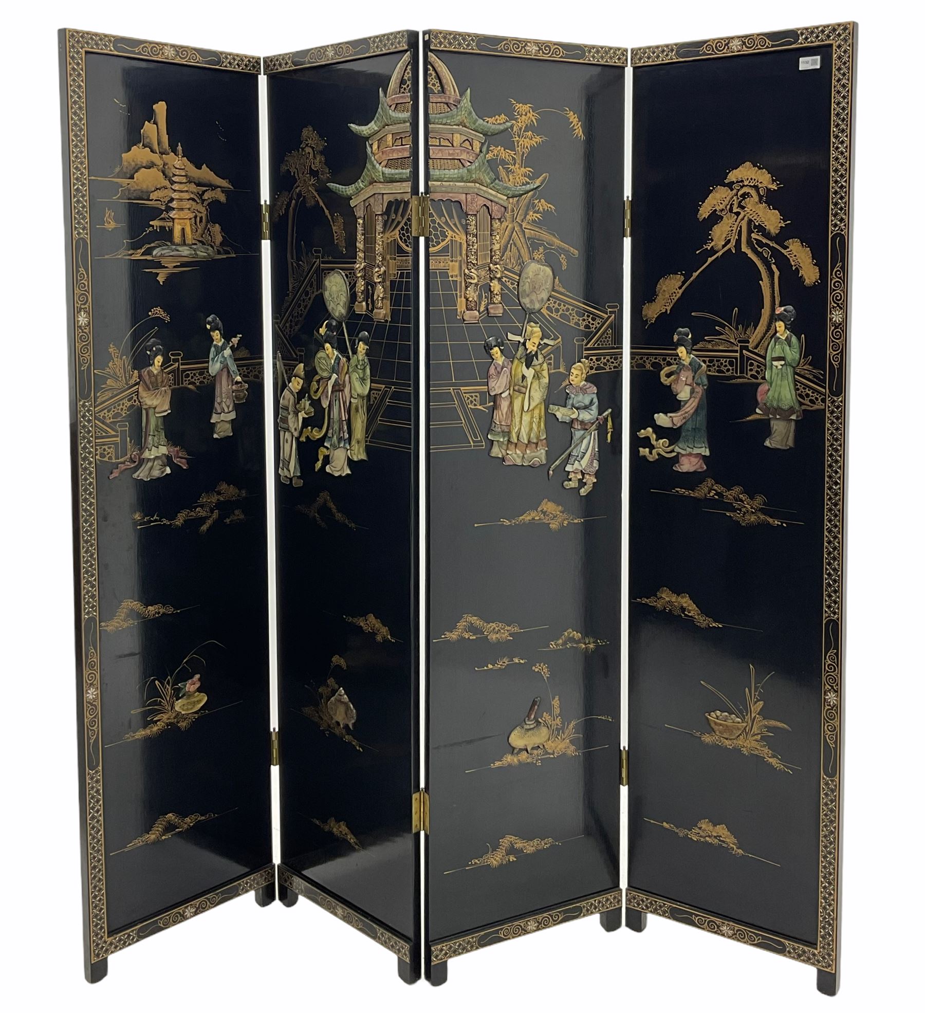 Japanese black lacquered four panel screen, with shibayama type decoration 