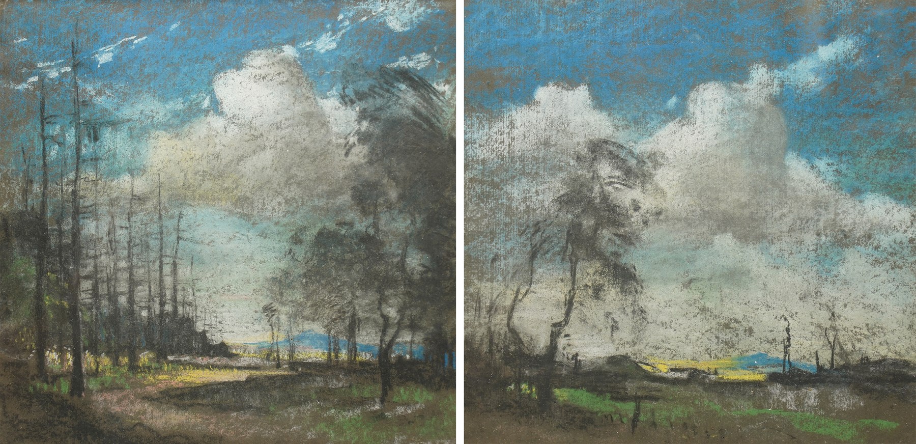 English School (20th century): Blue Skies over a Barren Forrest, pair of chalk and pastel drawings unsigned 25.5cm x 26cm (2)