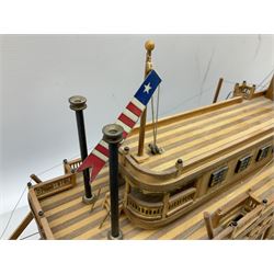 Hand built model of a river paddle steamer 'King of the Mississippi' and a sailing ship with three masts and unfurled sails, largest example H80cm, L101cm