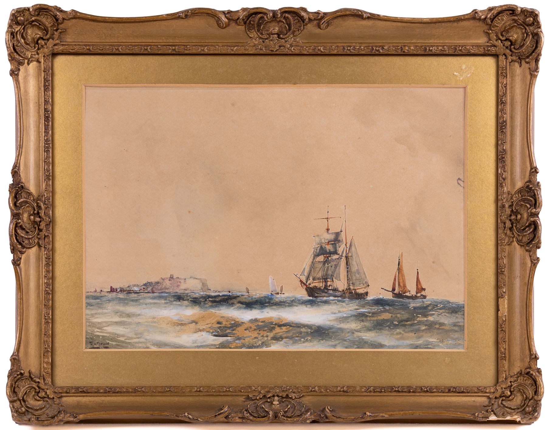 Frank Henry Mason (Staithes Group 1875-1965): Scarborough from Cornelian Bay & Sailing Vessels off the Scarborough Coast, pair watercolours signed 23cm x 34cm (2)