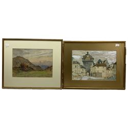 Josiah Clinton Jones (British 1848-1936): Hilly Landscape, watercolour signed; EG (Continental 19th/20th century): Continental Marketplace, watercolour signed and dated '01 max 25cm x 37cm (2)
