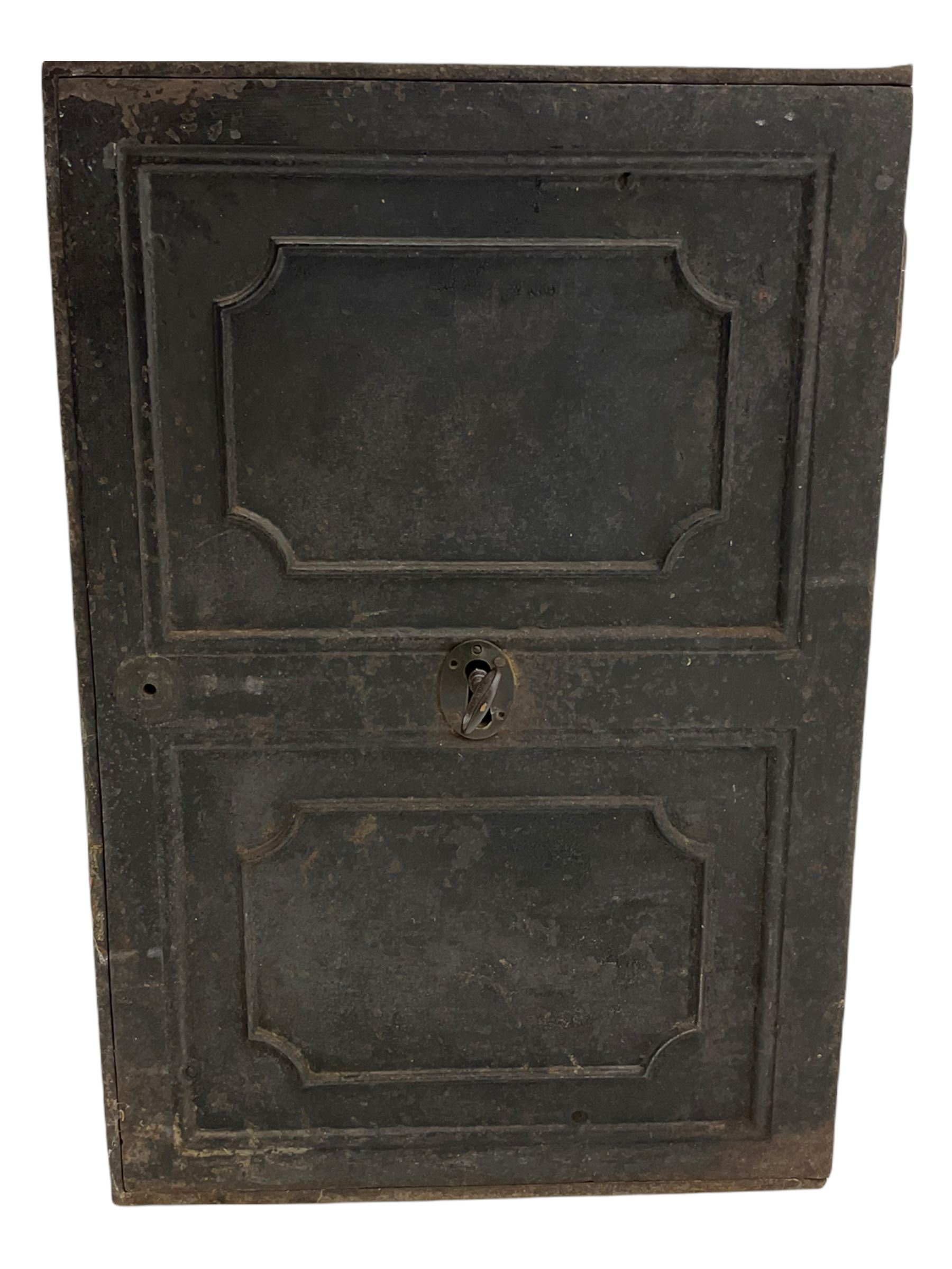 Early 19th century cast iron safe strong box, with key, two internal drawers
