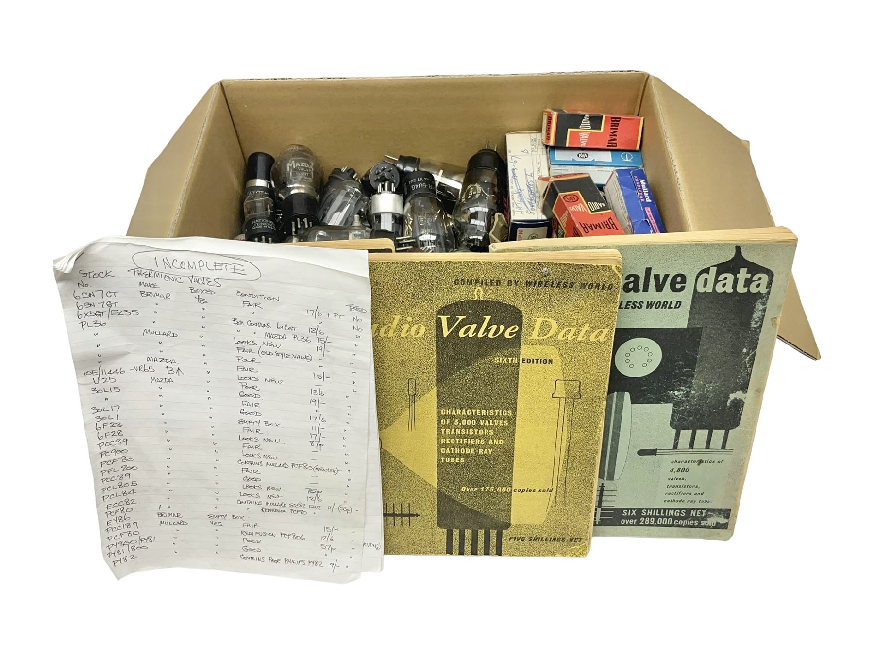 Collection of over one hundred thermionic vacuum tubes/valves, including Mullard, Brimar, Mazda and Marconi examples, some with boxes, together with three editions of Radio Valve Data compiled by Wireless World