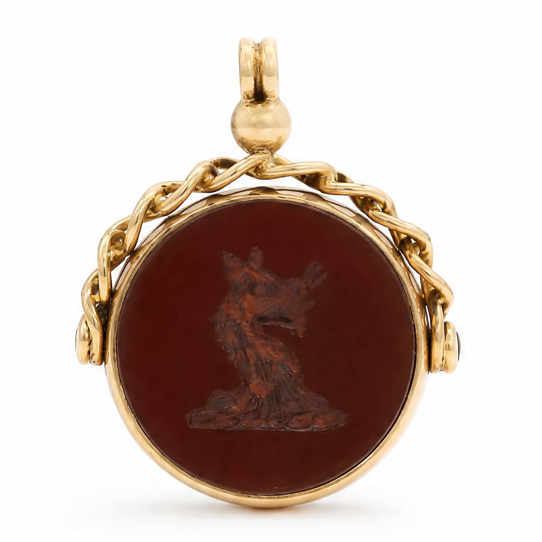 Edwardian 15ct gold agate and bloodstone swivel fob, the agate with dragon intaglio, Chester 1911
