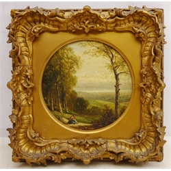  Figures on a Woodland Path, 19th century circular oil on panel unsigned 17cm dia. in square gilt moulded frame  