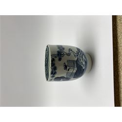 18th century Liverpool Pennington coffee cup, decorated in a Long Eliza type pattern, with boat, figure and prunus tree, H6.5cm