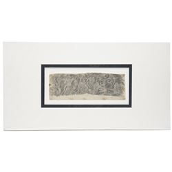 LTP Manjusri (Sri Lankan 1902-1982 - Columbo '43 Group): 'The Battle', pencil rubbing on paper signed in pencil 10cm x 27cm (unframed)
Notes: LTP Manjusri was a pioneering modern Sri Lankan artist and a founding member of the Colombo ’43 Group, known for works that integrate Buddhist themes with modern techniques across paintings, murals, and etchings.