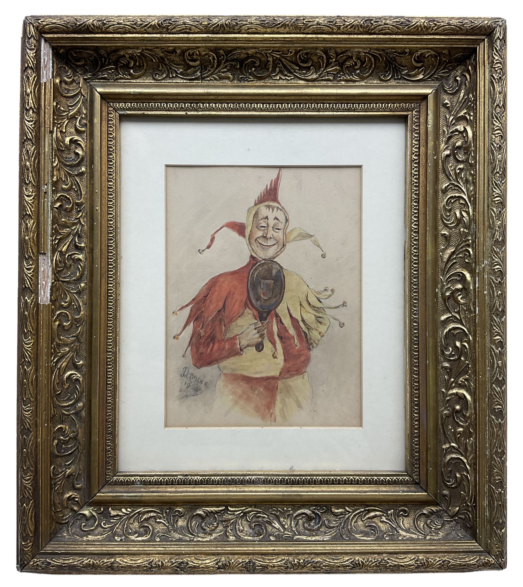 English School (19th/20th century): Caricature of a Jester, watercolour indistinctly signed and dated 1901, 19cm x 14cm