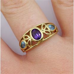 9ct gold oval amethyst and pear shaped blue topaz openwork design ring, hallmarked 