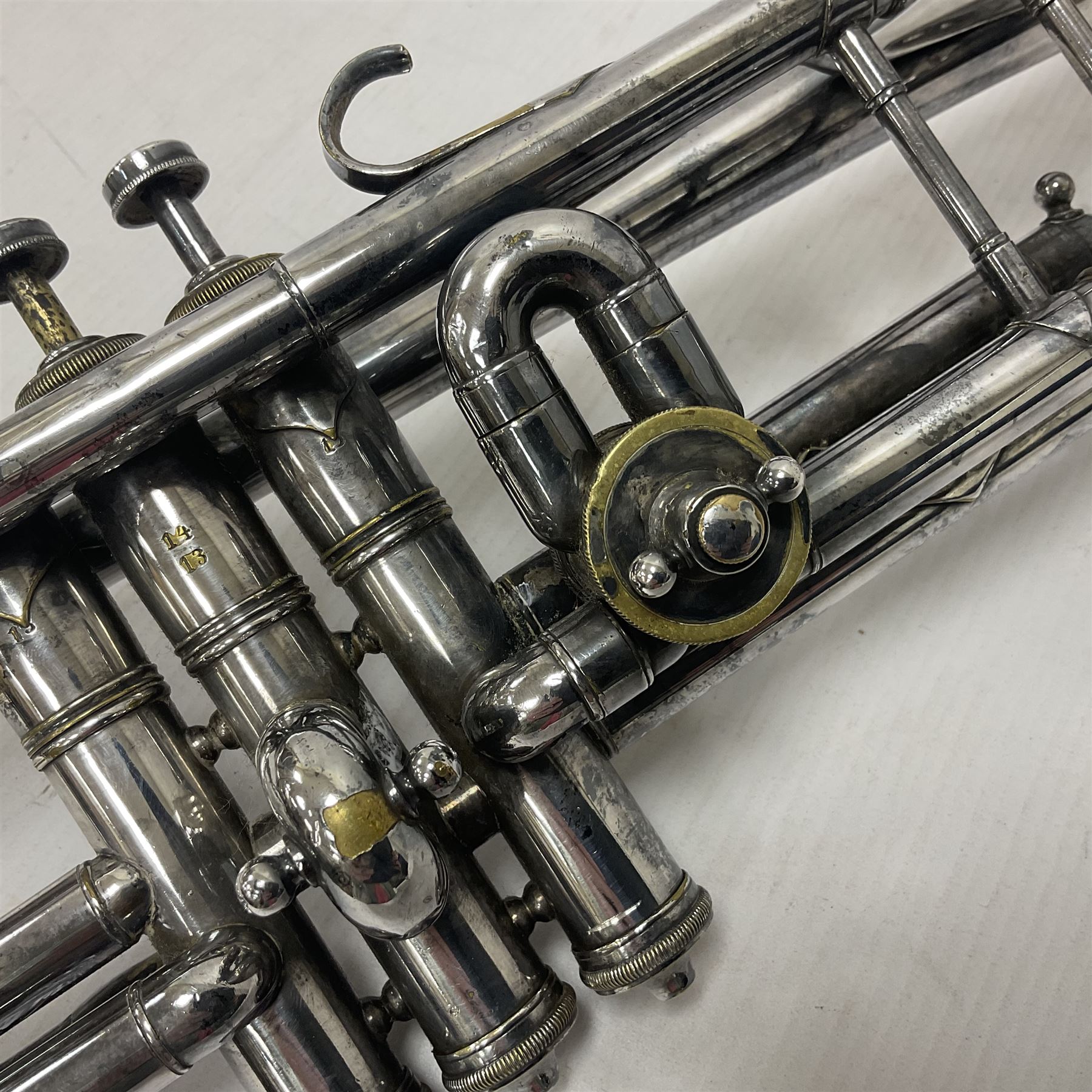 Victorian Class A silver plated trumpet retailed by Kitchen & Co,29 Queen Victoria Street Leeds, 1897 with mouthpiece/slide and in its original felt lined box
