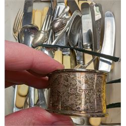 Silver napkin ring and a silver teaspoon, hallmarked, together with a quantity of stainless steel ivorine handled knives and other flatware