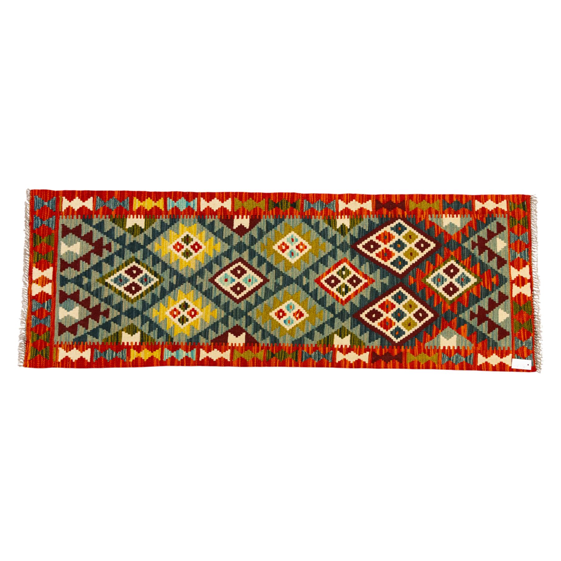 Afghan Maimana kilim flatweave runner, central field features a large bold nested diamond motifs and stylized geometric lozenge patterns on crimson, olive purple, blue, and green tone ground, border stripe in teal ground, and fringe