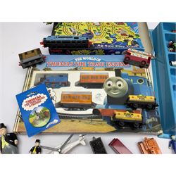 Thomas The Tank Engine and Friends - over forty unboxed models and figures by ERTL with moulded plastic wall mounting display rack; Hornby Clockwork Train Set; and Tomy Big Fun Jig-Saw Play Train; both boxed