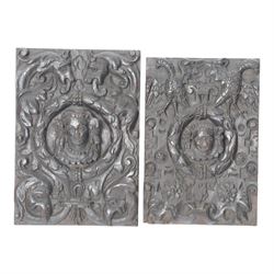 Near pair 17th century carved oak panels, each of rectangular form carved with a central m...