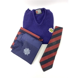 Scots Guards - set of five unframed annotated colour prints depicting the history of their uniform 1899 - 1958, each 20 x 36cm; together with regimental pullover, scarf, tie, shawl, double breasted blazer with Staybrite buttons and trousers