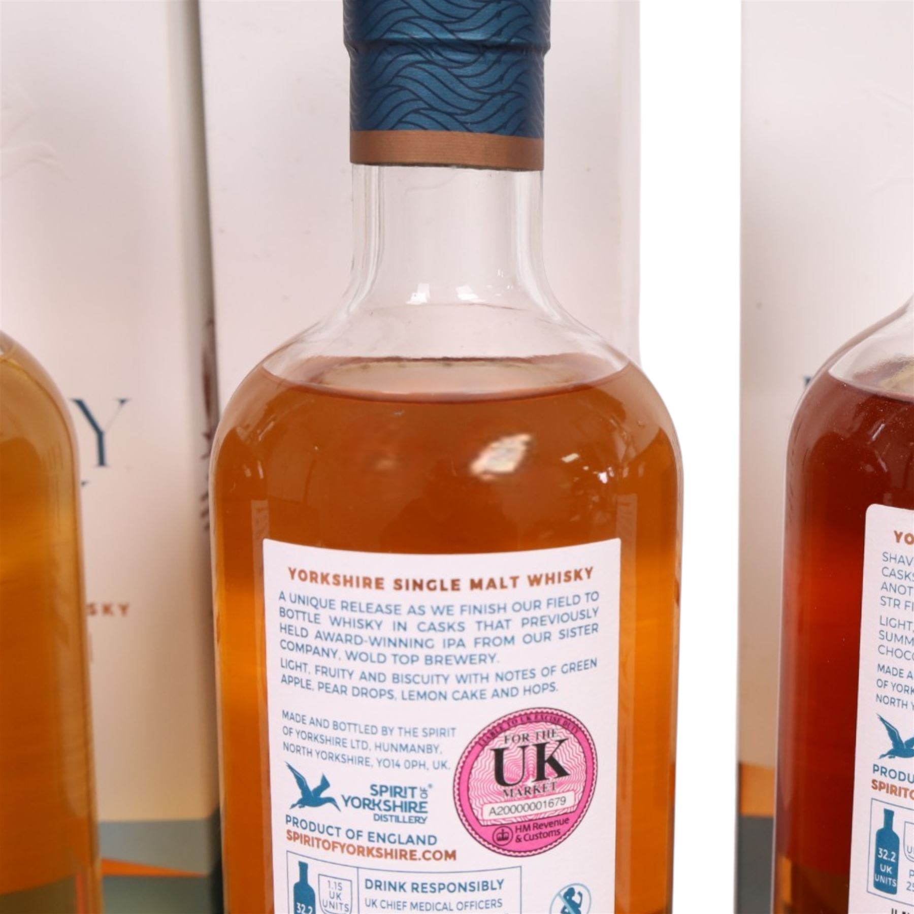 Spirit of Yorkshire Distillery, Filey Bay IPA Finish first batch single malt whisky, 70cl 46% vol, STR Finish  single malt whisky, 70cl 46% vol, Moscatel Finish  single malt whisky, 70cl 46% vol and Flagship  single malt whisky, 70cl 46% vol 