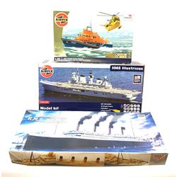 Airfix 1/350th scale model kit of HMS Illustrious, in factory sealed box; Airfix 1/72nd scale model kit of RNLI Severn Class Lifeboat with RAF Westland Sea King Helicopter; and Minicraft Model Kits 1/350th scale model of R.M.S. Titanic; both in factory sealed transparent packaging in boxes (3)