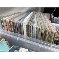 Large quantity of vinyl LPs, predominantly rock and pop, to include Elvis, Elton John, The Kinks, Deep Purple, Eurythmics, Whitney Houston, Phil Collins, Rolling Stones etc, in three boxes, together with quantity of 45 rpm records, Steepletone SRP1R-11 record player and record carry case