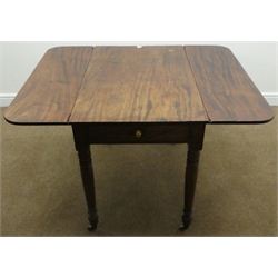  19th century mahogany Pembroke table, one working drawer and one faux drawer, turner supports on castors, W91cm, H72cm, D112cm  