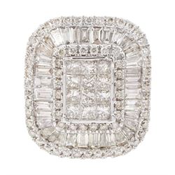 White gold round brilliant cut and baguette cut diamond cluster ring hallmarked 9ct, total diamond weight 3.55 carat, with World Gemological Institute report