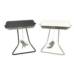 Two Habitat desk lamps in black and white matte finish, pair of table lamps, the stems with purple knops and fabric shades, together with another similar turquoise example and further table lamp